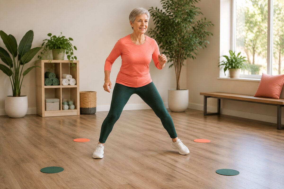 Active woman practicing controlled side-to-side steps between floor markers