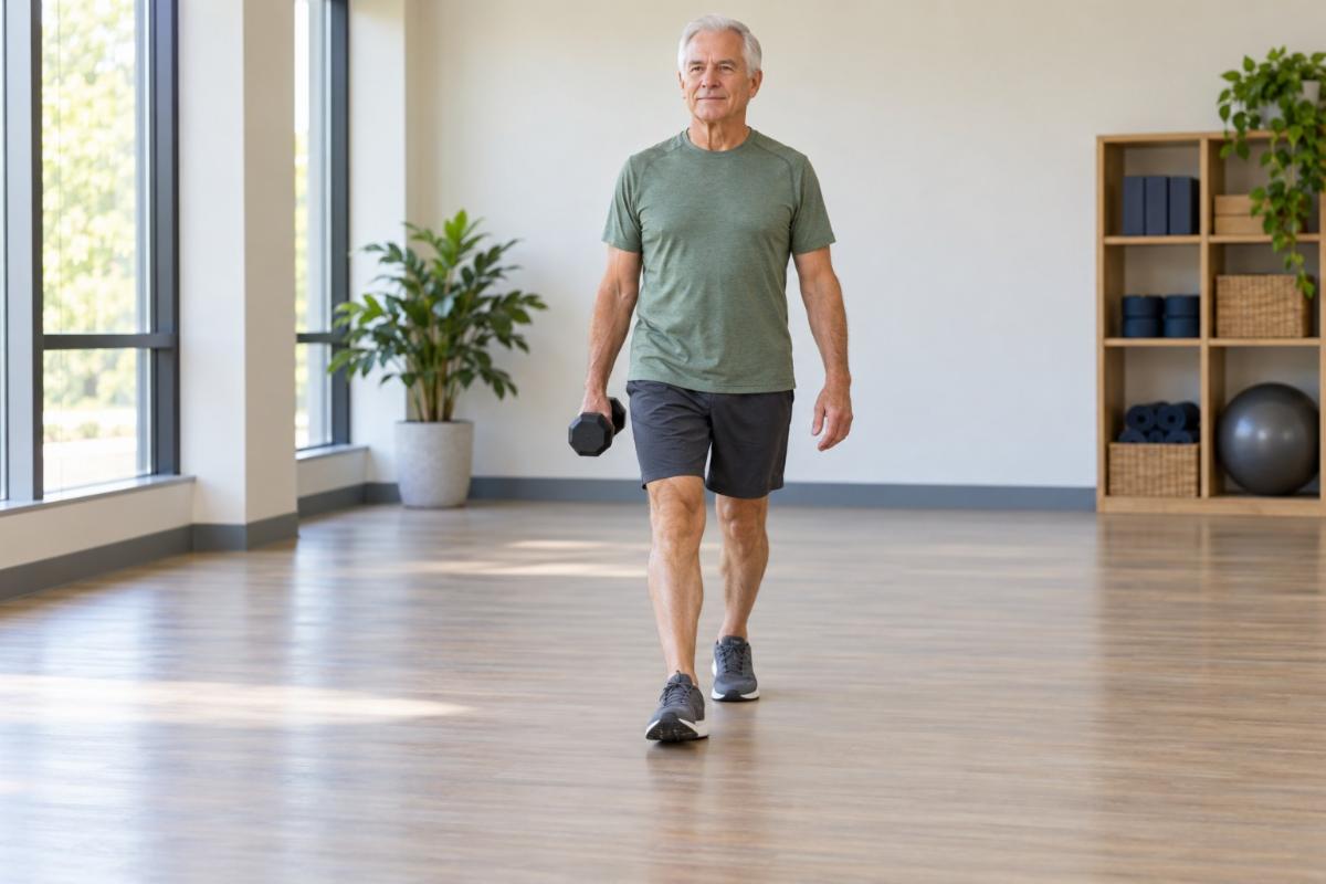 Older man demonstrating an upright suitcase carry with one dumbbell