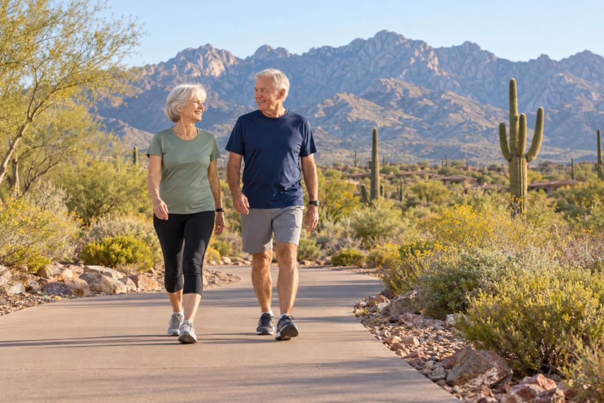Older adults enjoying a walk on a paved path in the Catalina foothills