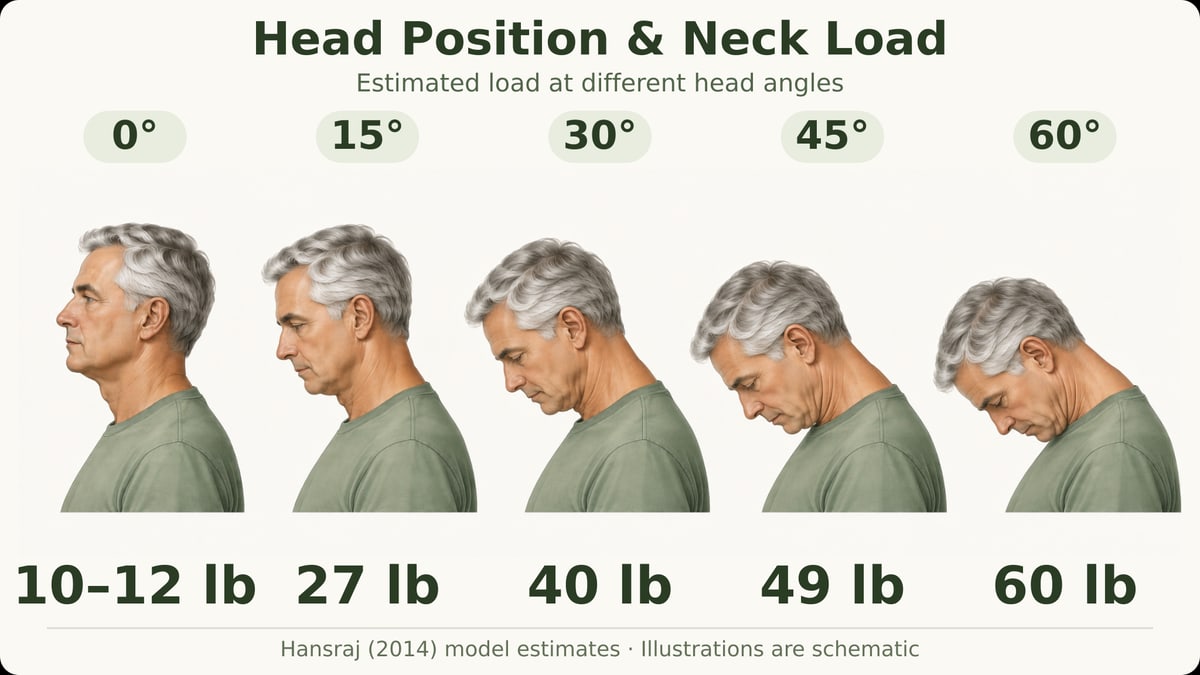 Five illustrated head positions with model estimates: 0 degrees, 10 to 12 pounds; 15 degrees, 27 pounds; 30 degrees, 40 pounds; 45 degrees, 49 pounds; 60 degrees, 60 pounds.