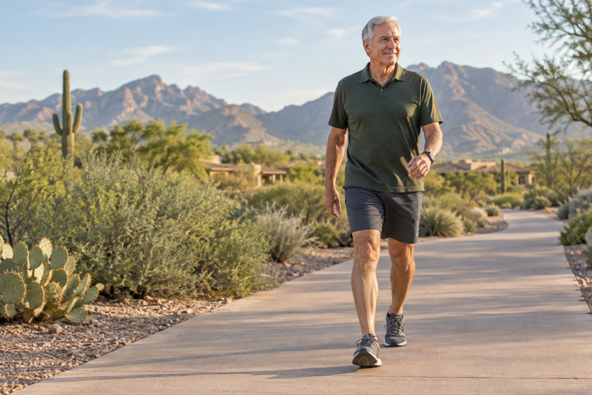 Older adult walking purposefully with a natural arm swing on a clear, level path