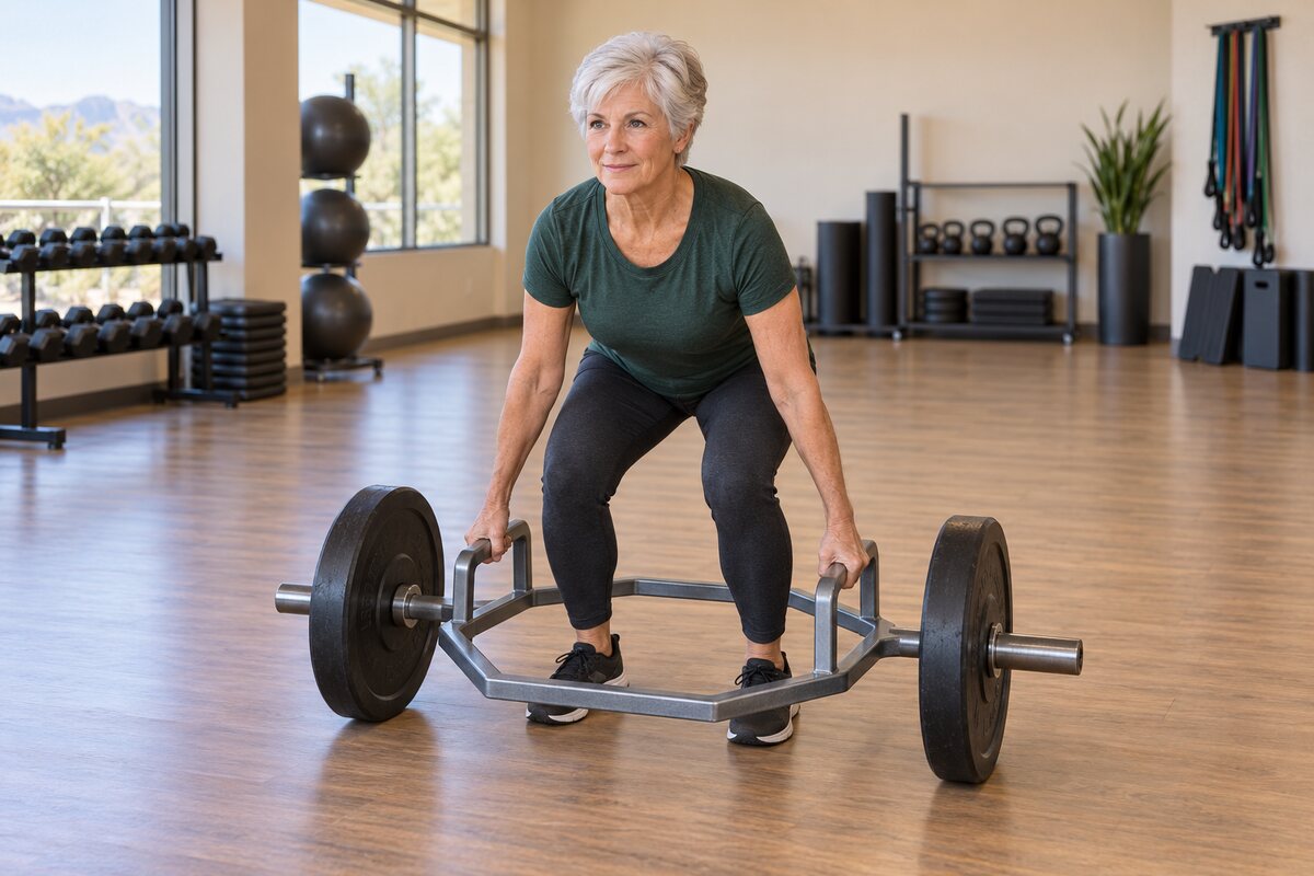 Older adult demonstrating a trap bar deadlift with a neutral back and straight arms