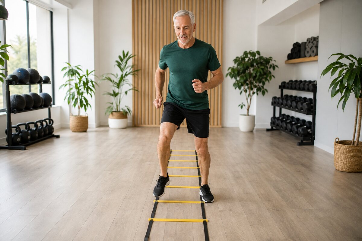 Active man performing a controlled one-foot-per-square speed ladder drill
