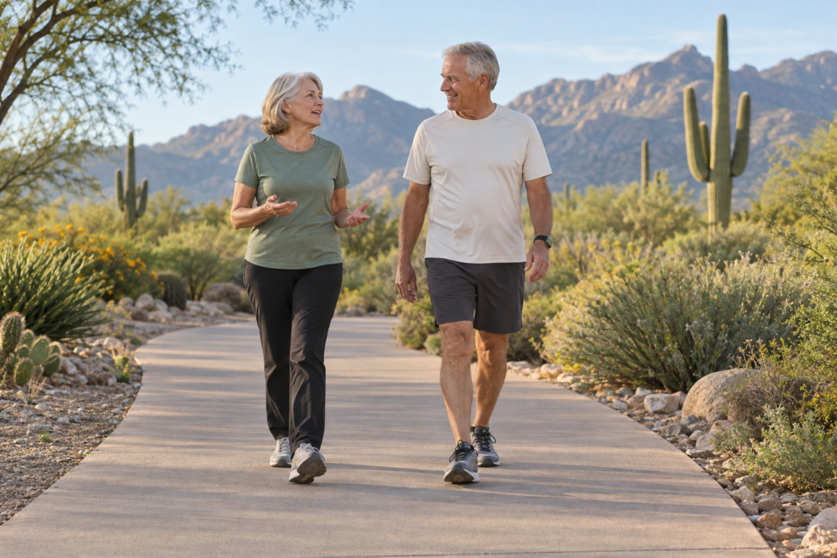 Two older adults walking comfortably together and chatting on a clear park path