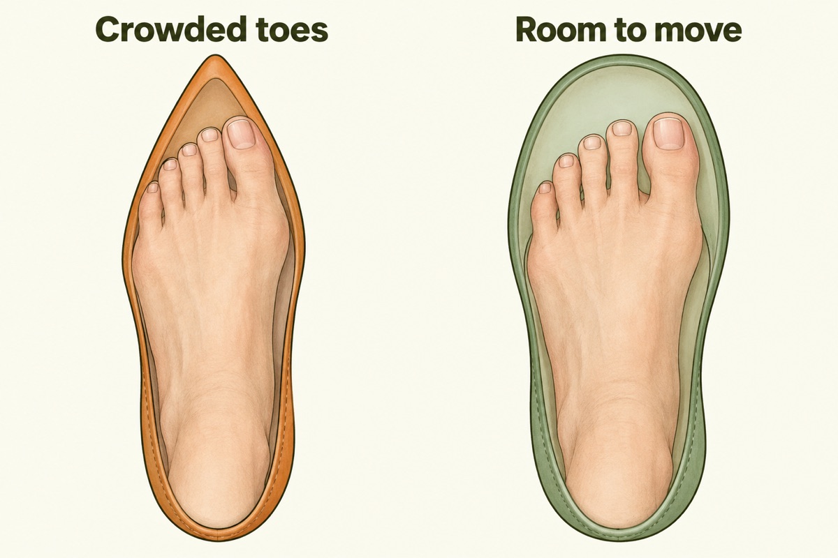 Illustration comparing toes crowded by a narrow shoe shape with toes given room inside a wider, foot-shaped toe box.
