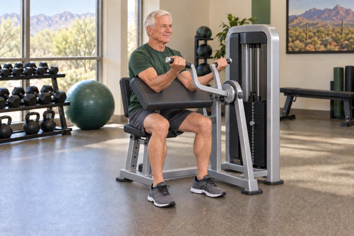 Older man using a preacher curl machine with upper arms supported on the angled pad, feet flat, and torso still