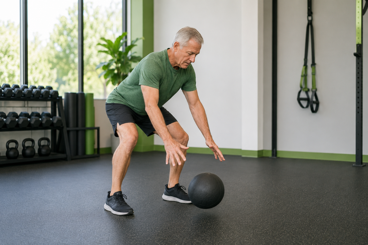 Active man performing a controlled medicine-ball slam with the ball traveling toward the floor