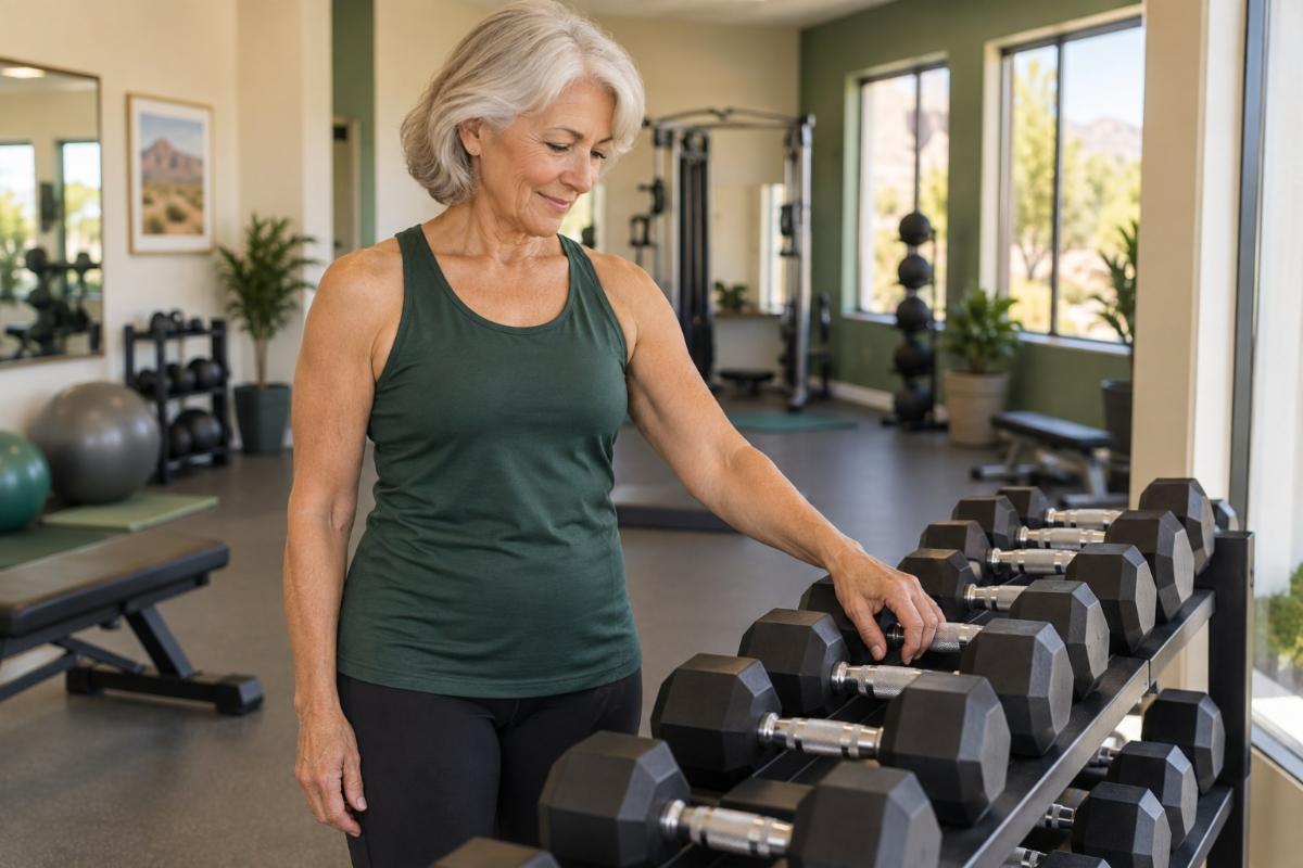 Older woman selecting a manageable dumbbell from a rack in a bright community gym