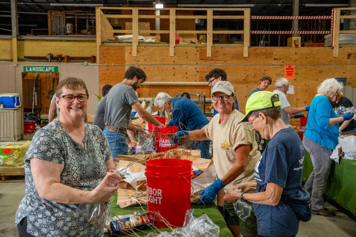 Volunteers Ann Fieser, Teresa Kight, and Nancy Rezabek working alongside the Parks and Recreation Forestry team in preparing the tree seedlings. 