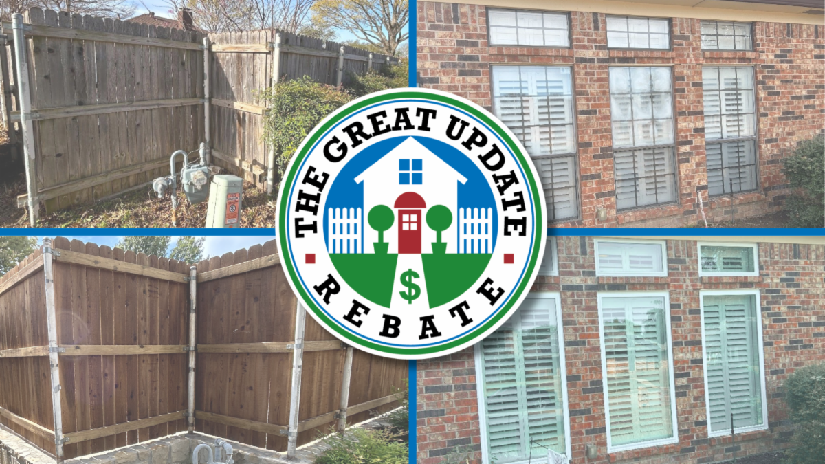 Great Update Rebate logo featuring a before and after photos showcasing a fence and windows