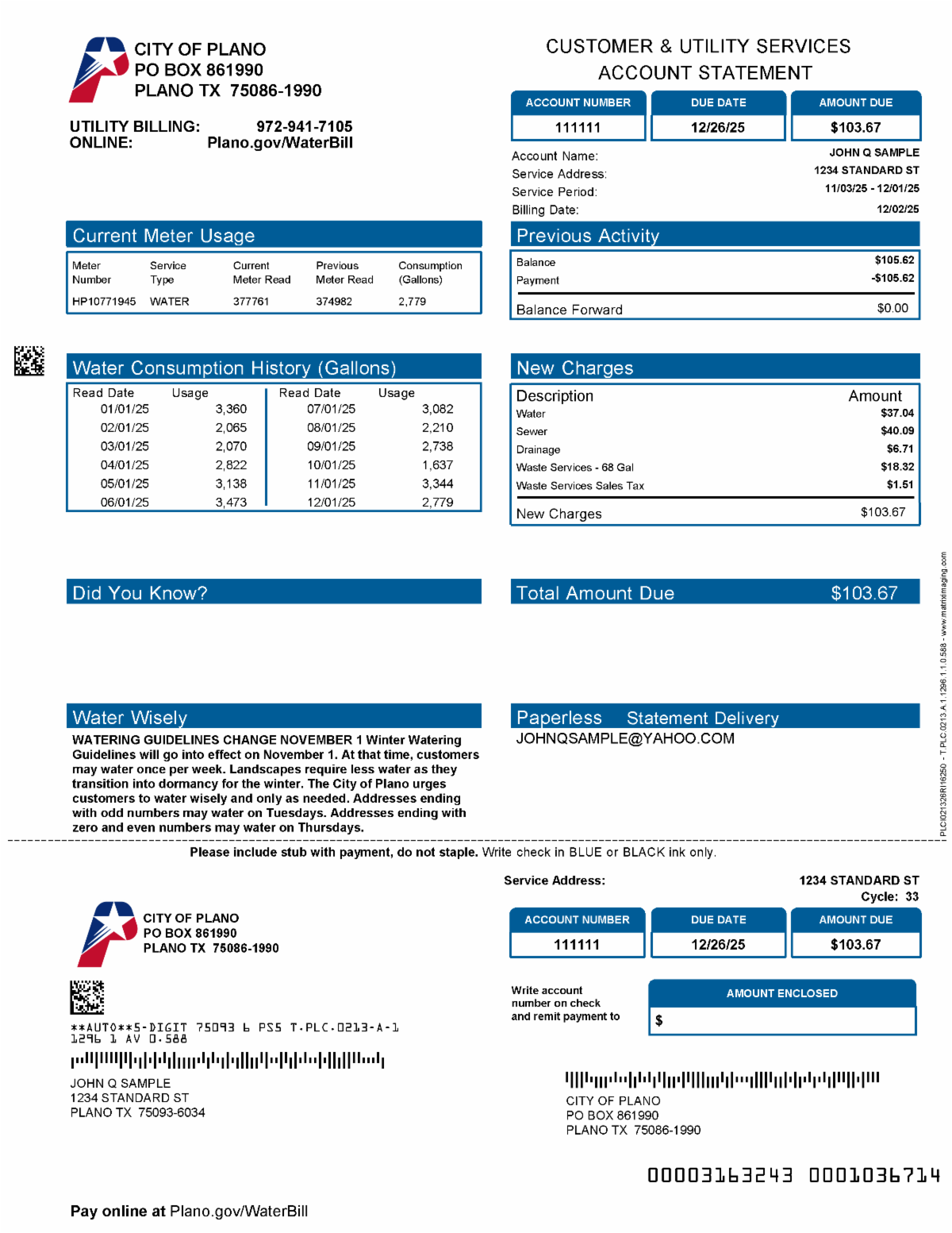 A Sample of the 2026 Plano Water Bill