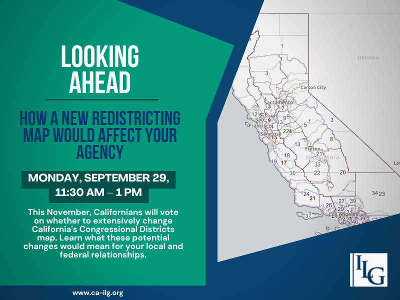 Redistricting webinar graphic with description date time and title