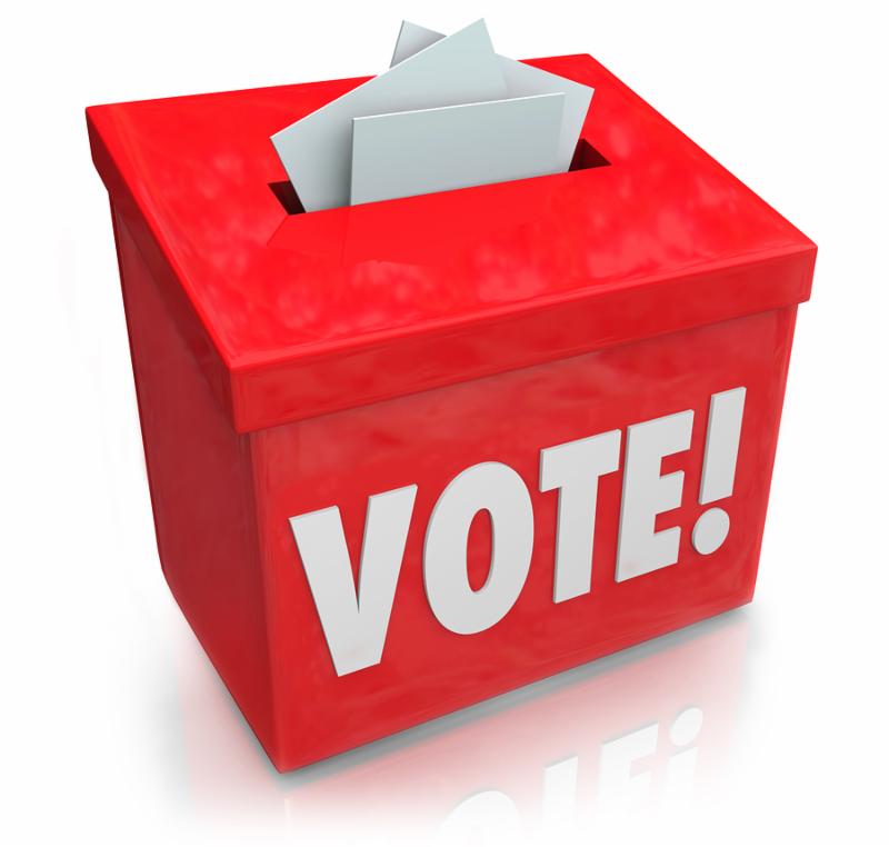 The word Vote on a red ballot box for collecting votes and ballots in a democratic election to choose a new president, governor, representative, senator, congressman or other official or