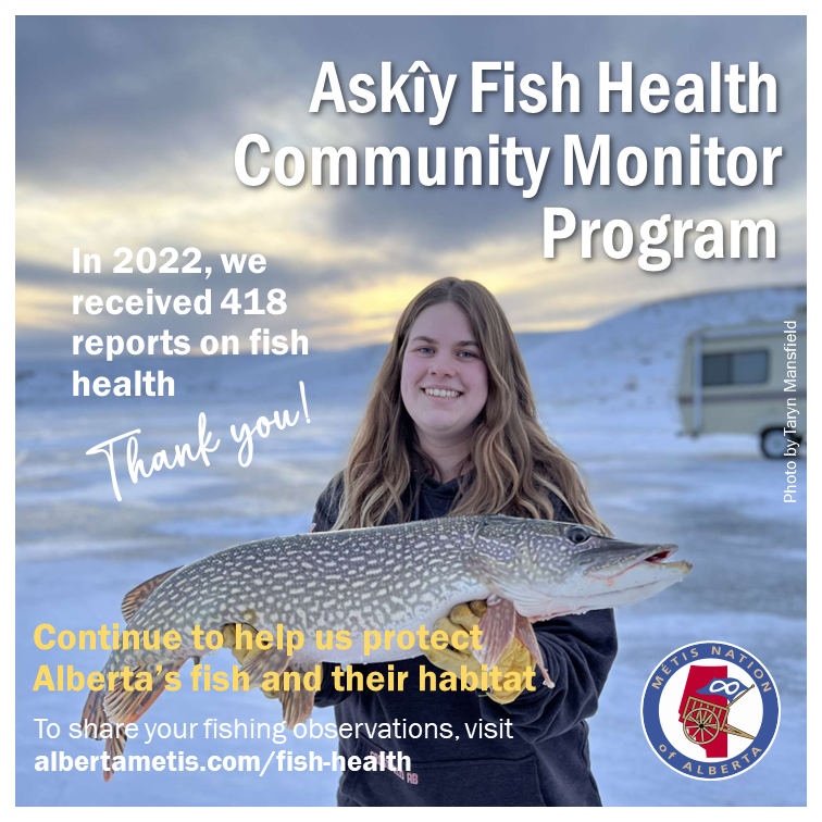 Fish Health Monitor graphic with a person with long hair is holding a fish