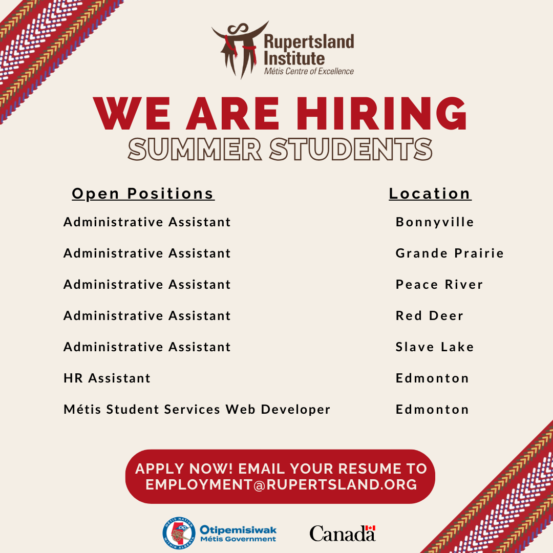 We are Hiring Summer Students. Apply Now! Email your resume to employment@rupertsland.org. 