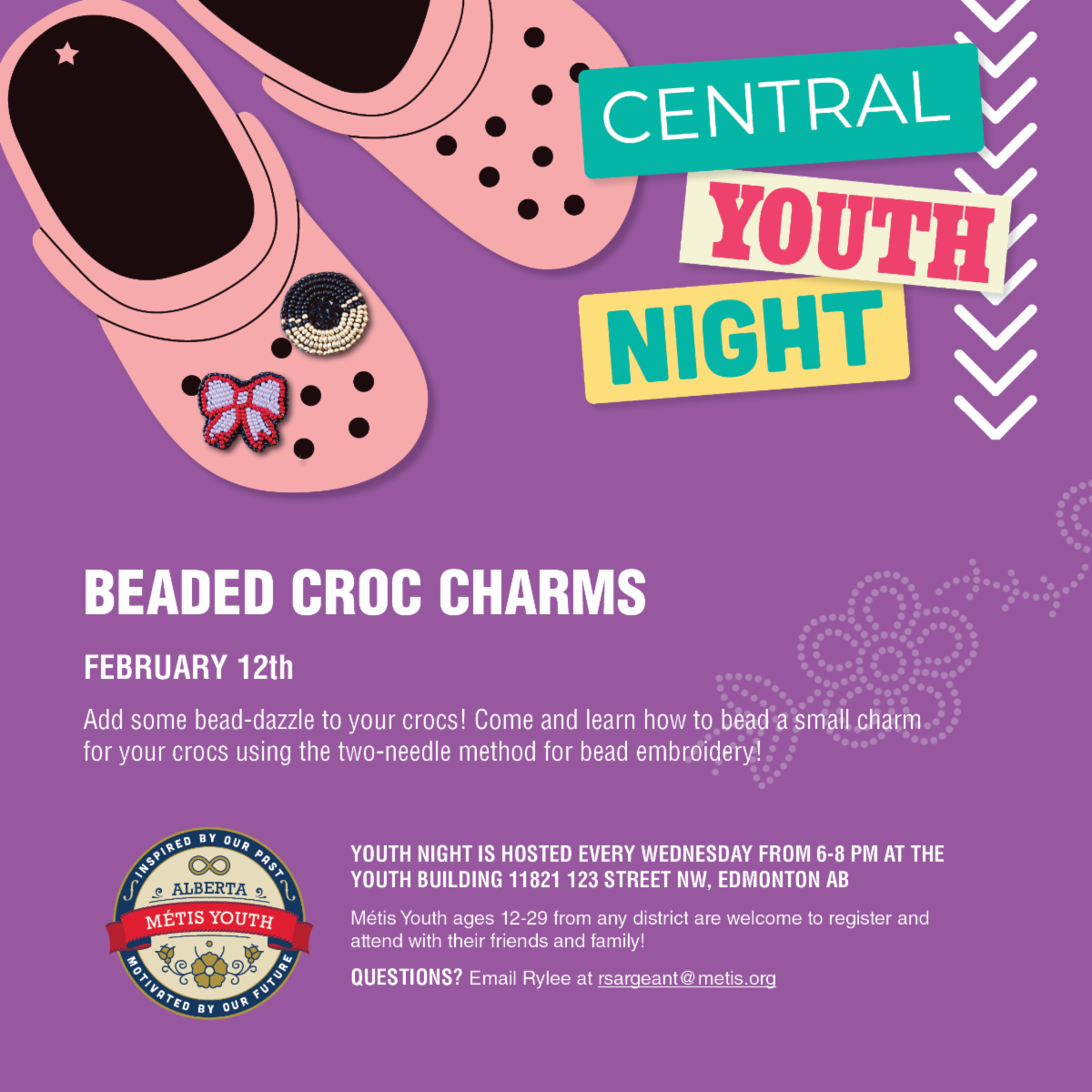 Pink crocs on purple background with event information underneath