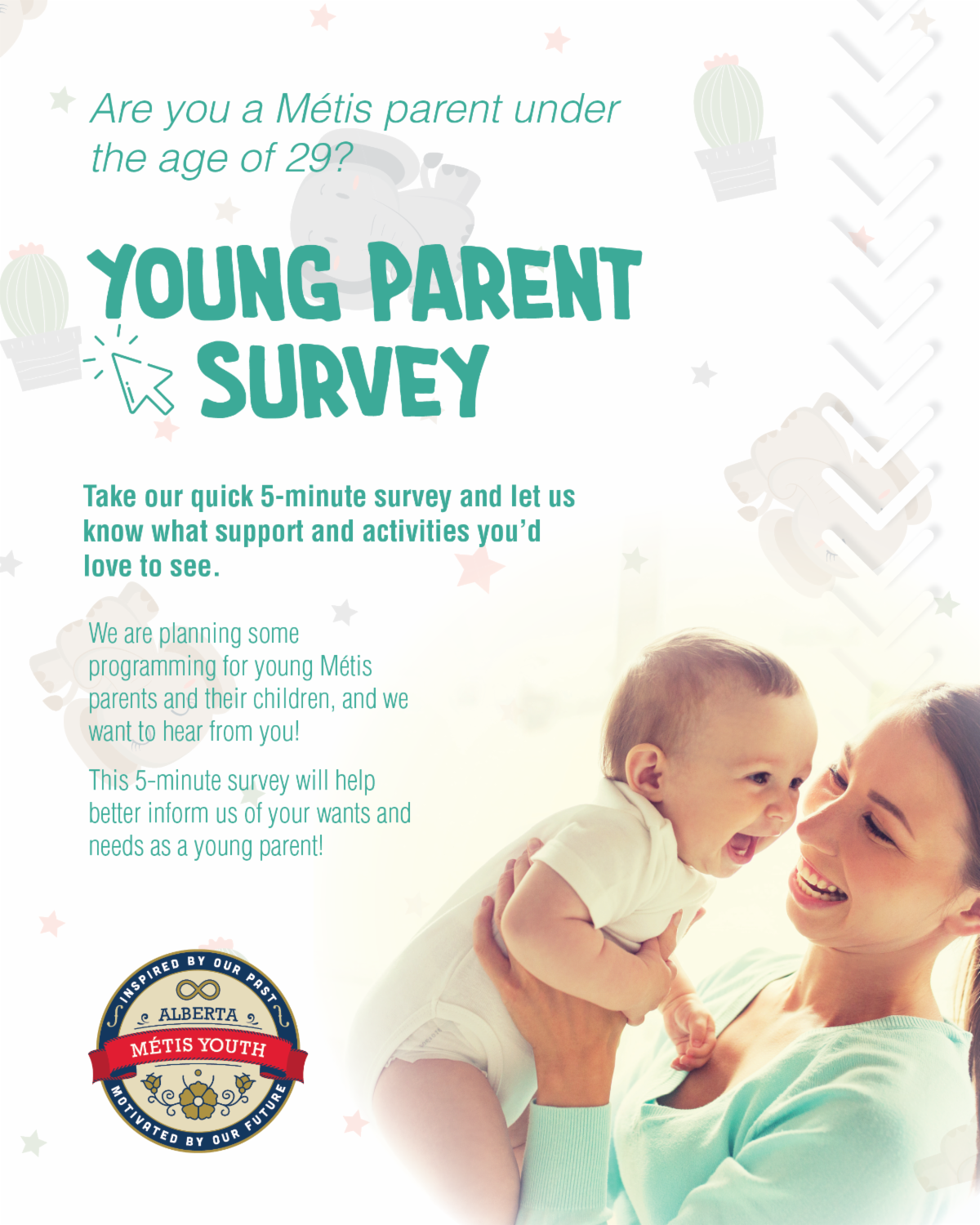 Young Parent Survey poster, mom holding baby, click to open link