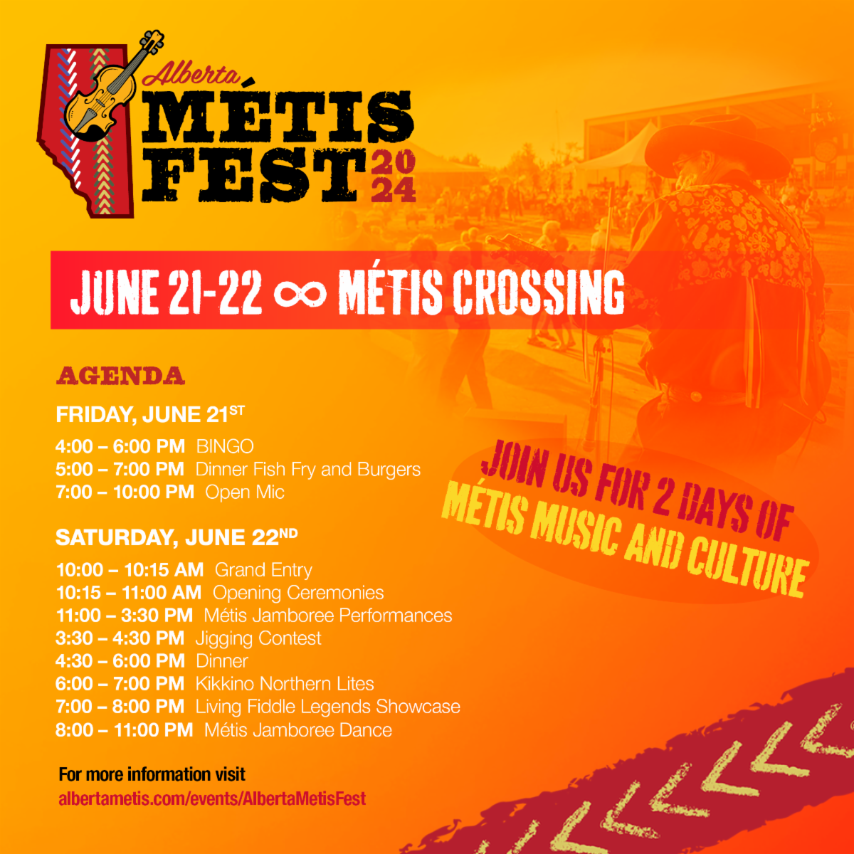 Metis Fest 2024, June 21 - 22, Join us for 2 days of Metis music and culture! 