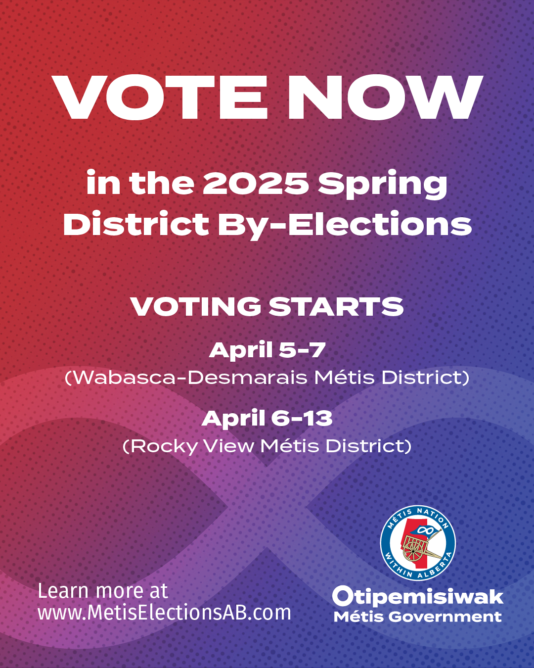 Vote Now Poster, blue and red gradient with Metis symbol, click to open link