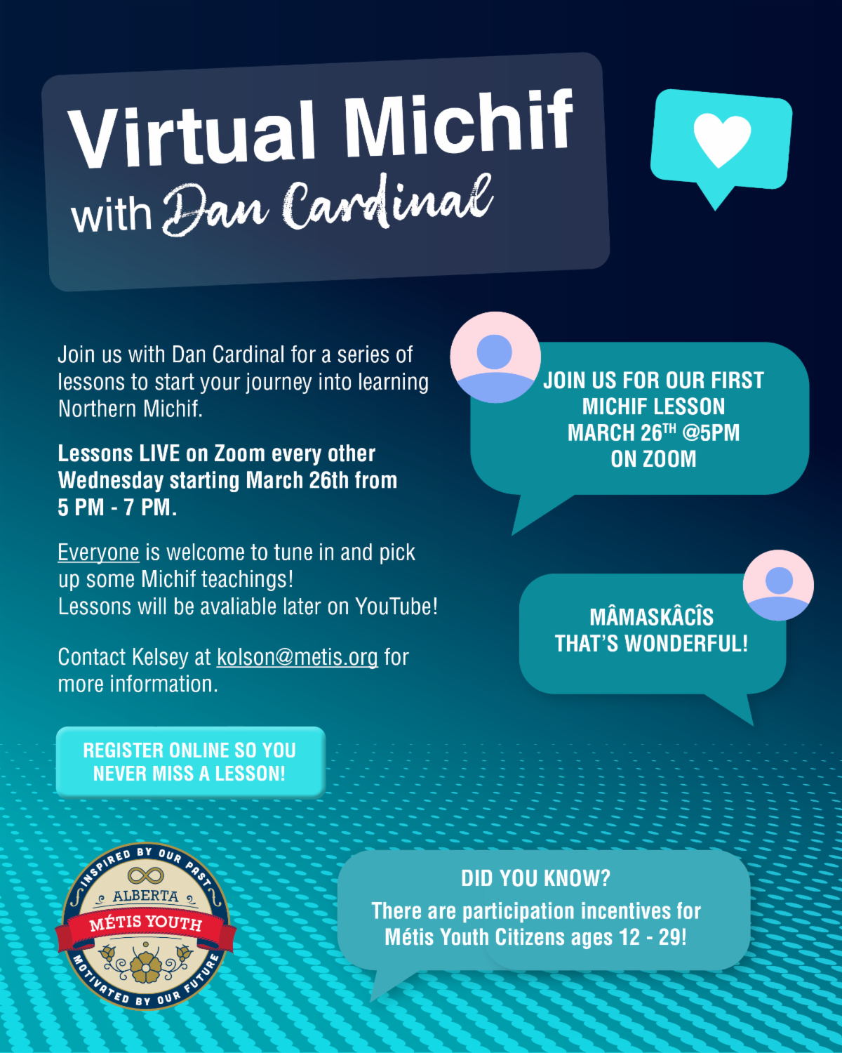 Virtual Michif Poster, blue graphic with text bubbles, click to view link