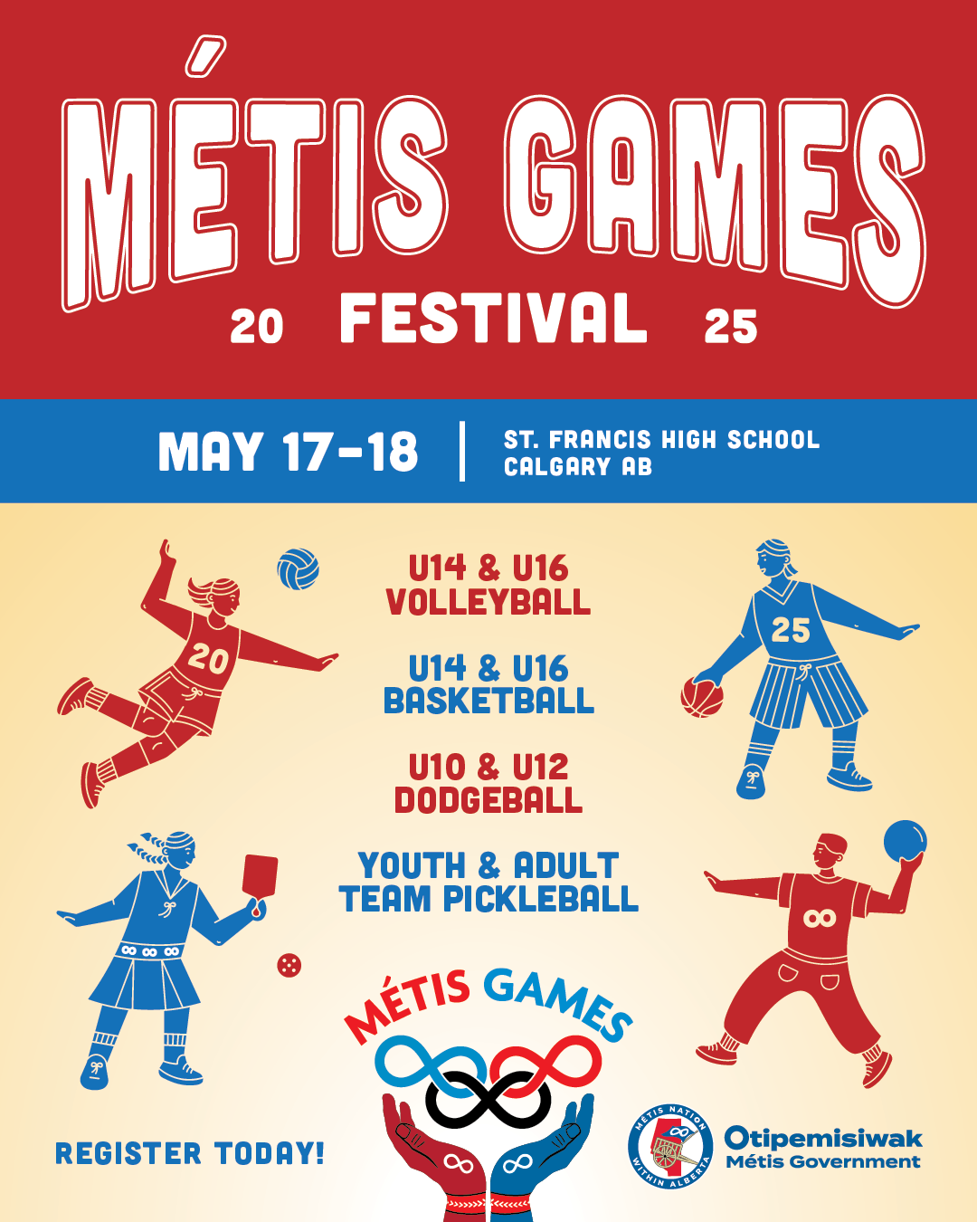 Metis Games Festival poster, illustrated figures playing sports, click to open link