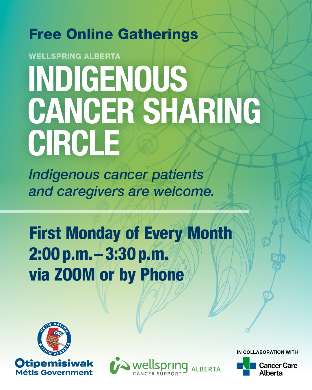 Indigenous Cancer Sharing Circle graphic, blue green gradient, dream catcher, click to open link