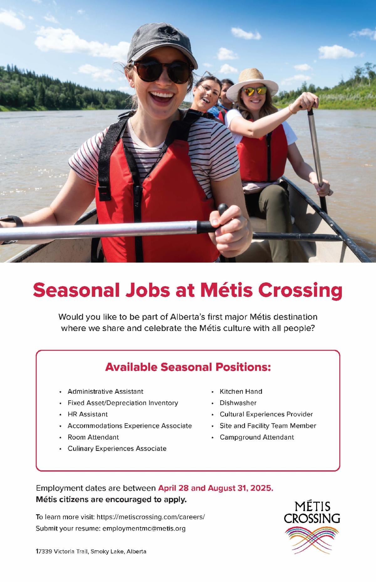 Seasonal Jobs at Metis Crossing, people canoeing, click to open link