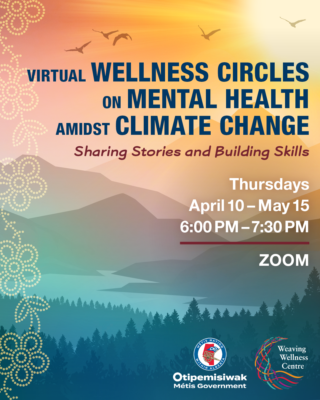 Virtual Wellness Circle poster, orange sunset, forestry, click to open link