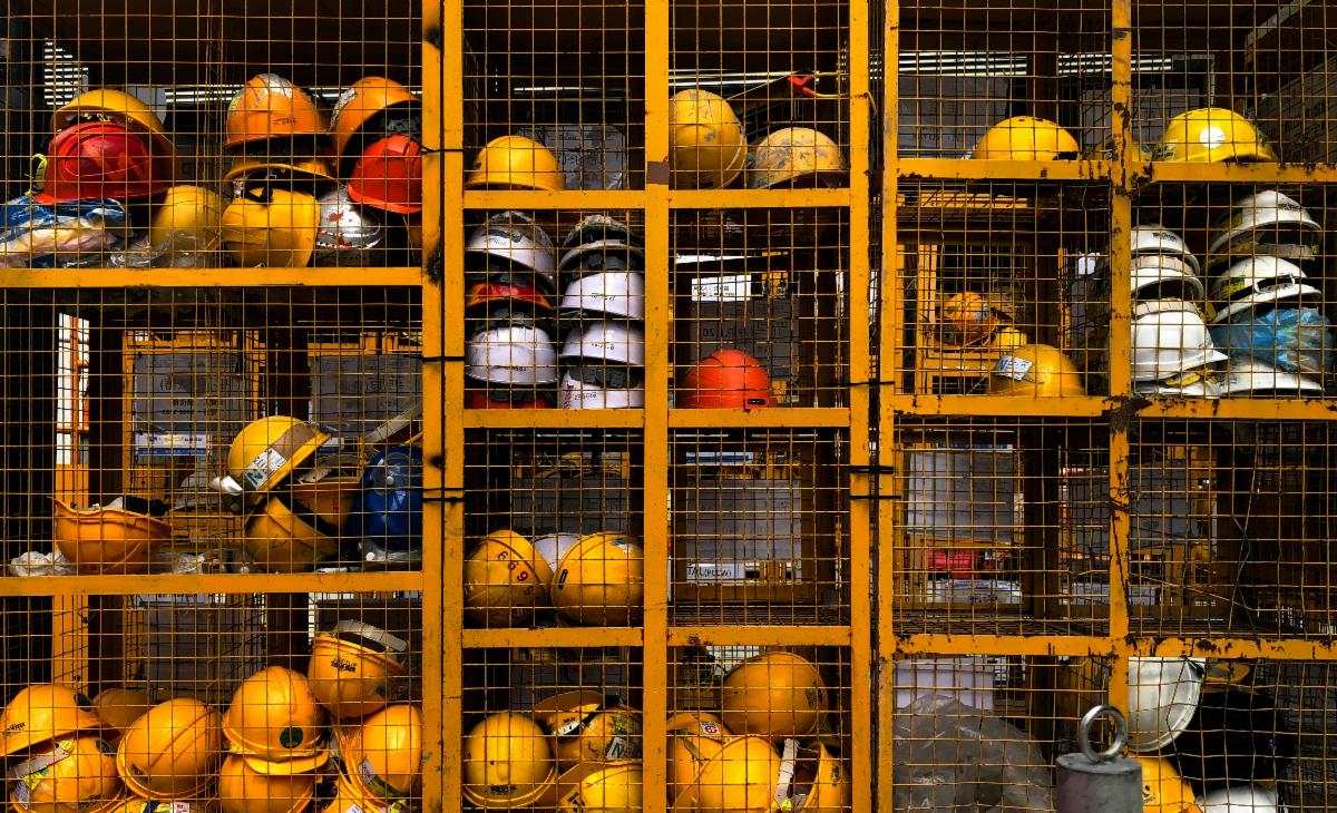 Image of hard hats on shelves