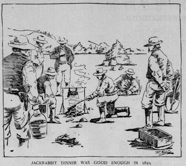 Men surrounding a fire roasting rabbit