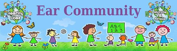 Ear Community banner illustration of children wearing hearing devices
