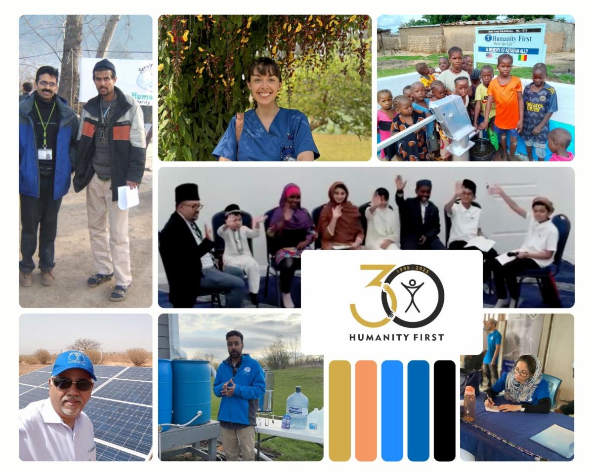 photo collage showing HF 30th anniversary logo men and women standing with water jugs and solar panels and trees and kids waving
