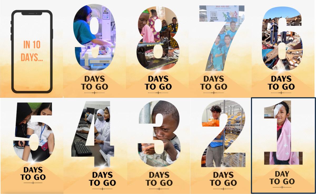 a compilation of images starting with a phone outline with text saying 10 days to go. Then each subsequent image is a number 9 down to 1. Each number has an image of humanitarian work within it.