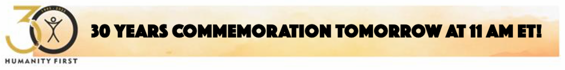 orange gold banner with HF thirty years logo and text 30 years commemoration tomorrow at 11 am ET