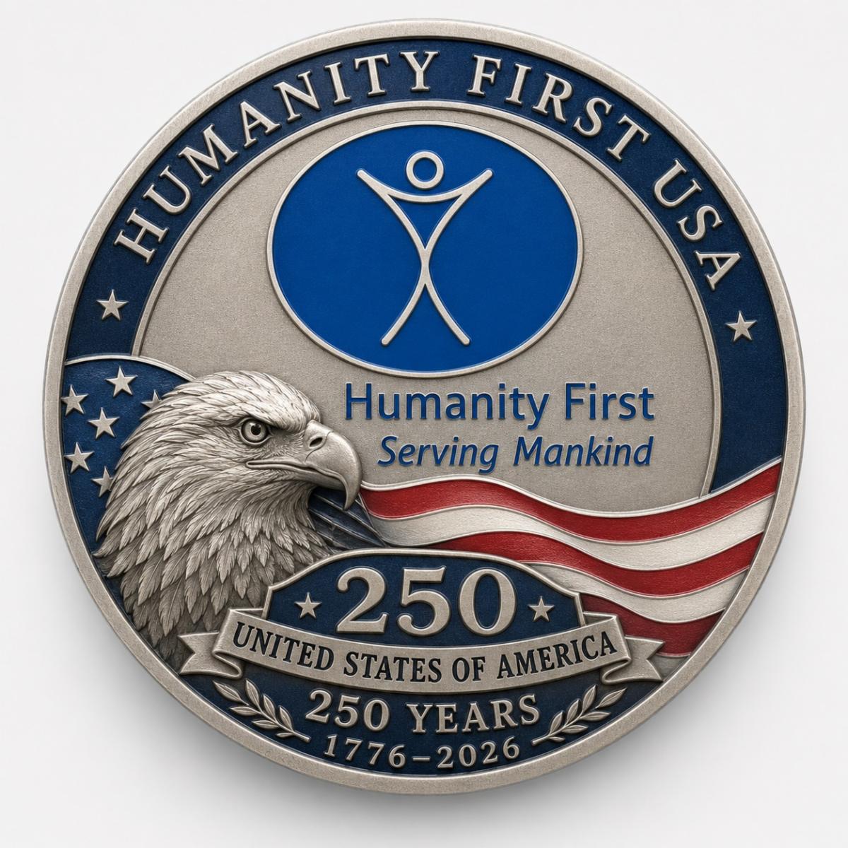 Humanity First USA limited edition America 250 Challenge Coin combines the HF logo an American flag and a bald eagle.
