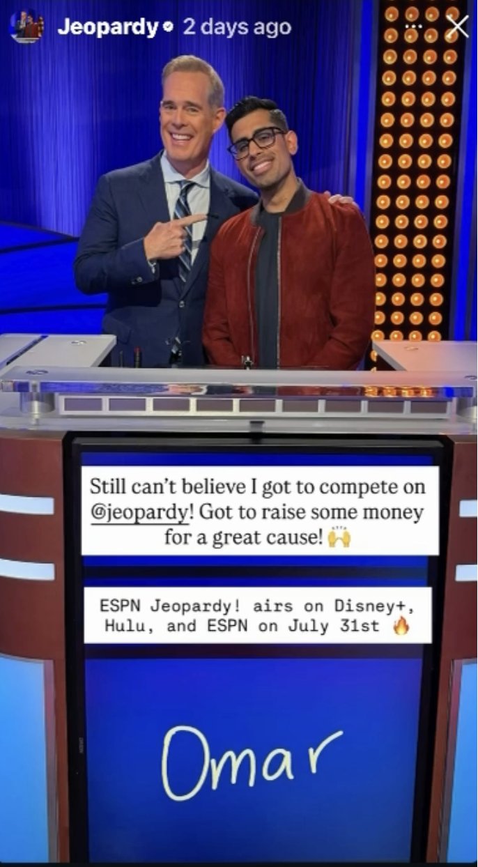 ESPN commentator and Jeopardy participant Omar Raja with ESPN Jeopardy host Joe Buck on set for the July 31 2026 streaming event.
