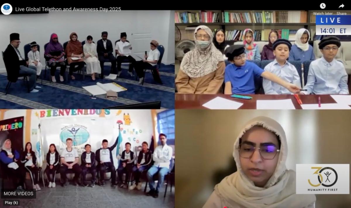 Four segments of a video conference show a female host wearing hijab and three groups of kids sitting in chairs.