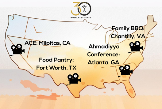 A map of the continental U.S. with a video camera icon on four locations ACE in Milpitas CA Food Pantry in Forth Worth TX Ahmadiyya Conference in Atlanta GA and Family BBQ in Chantilly VA