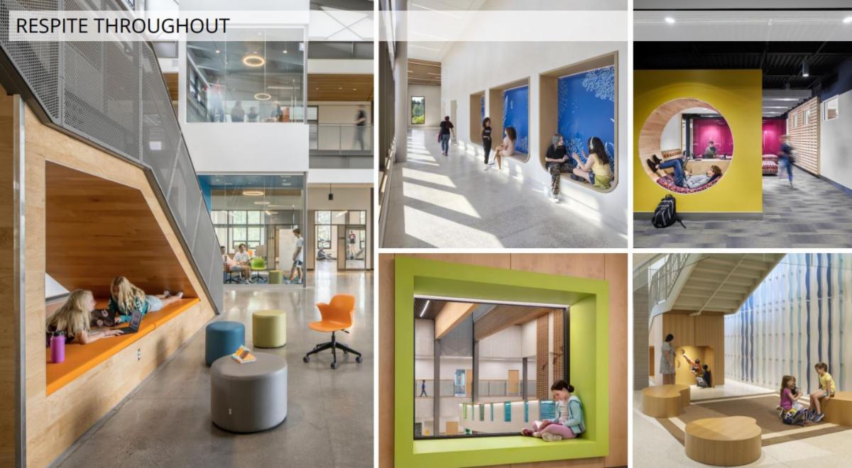 A number of example respite spaces showing students sitting and reading or engaged in conversation