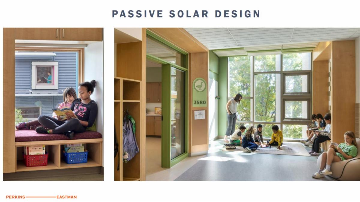 Two images from inside a school highlight the use of large windows to providing sunlight for both warmth and biophilic qualities