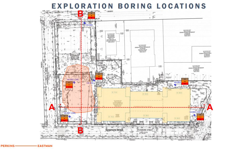A schematic showing the 115 Sycamore Street site and locations where soil boring took place. 