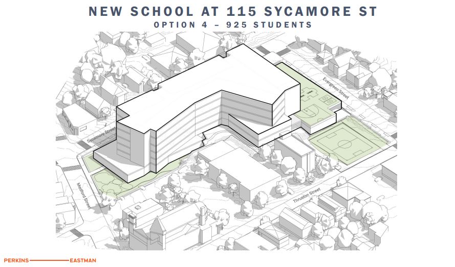White and green rendering of concept design (option 4) for a school building for 925 students. 