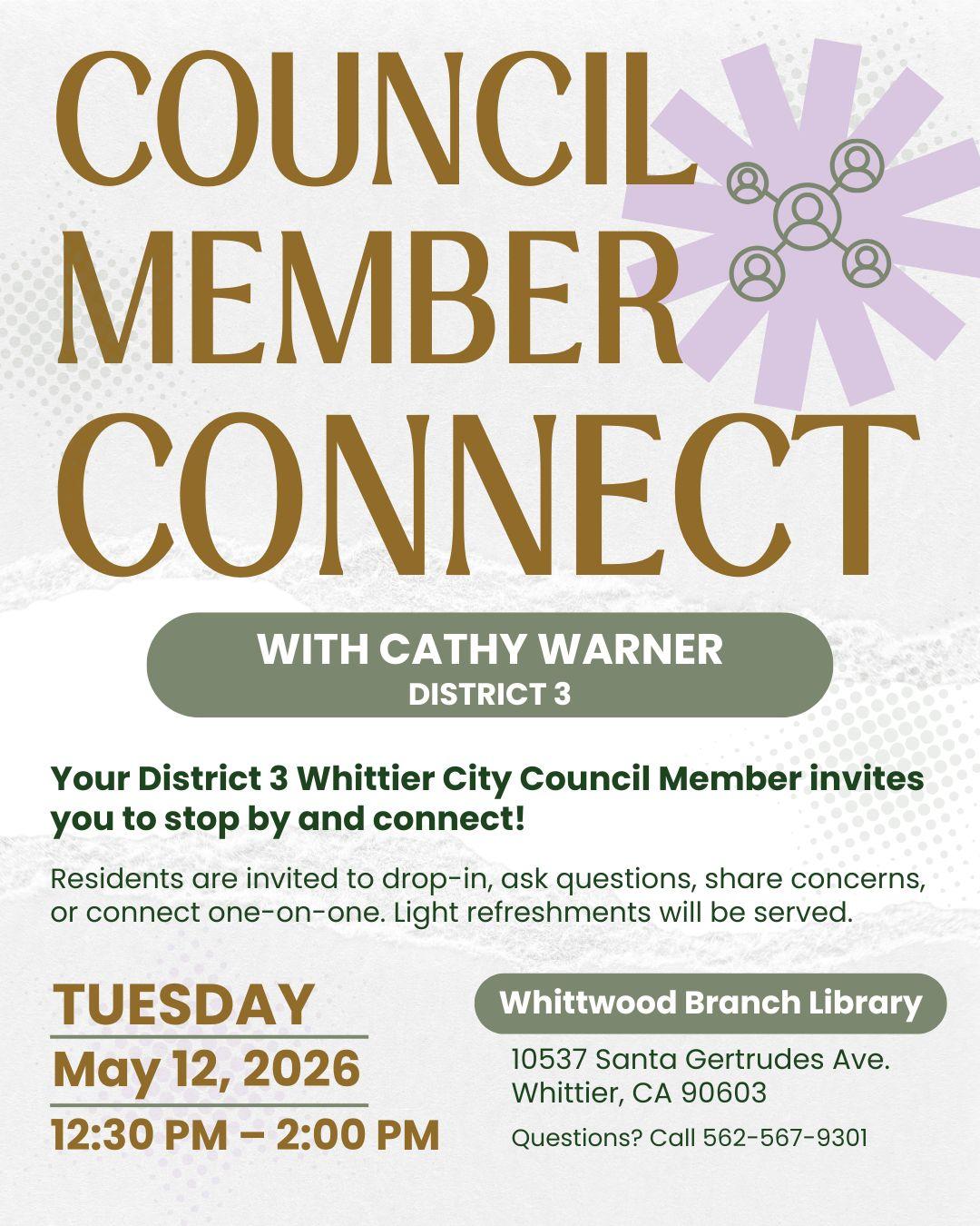 Cream colored flyer inviting District 3 and Whittier residents to meet Council Member Cathy Warner on May 12, 2026 at 12:30 p.m. at Whittwood Branch Library.