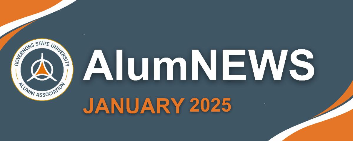 a graphic for alumnews january 2025 with the alumni logo with gray blue orange and white coloring