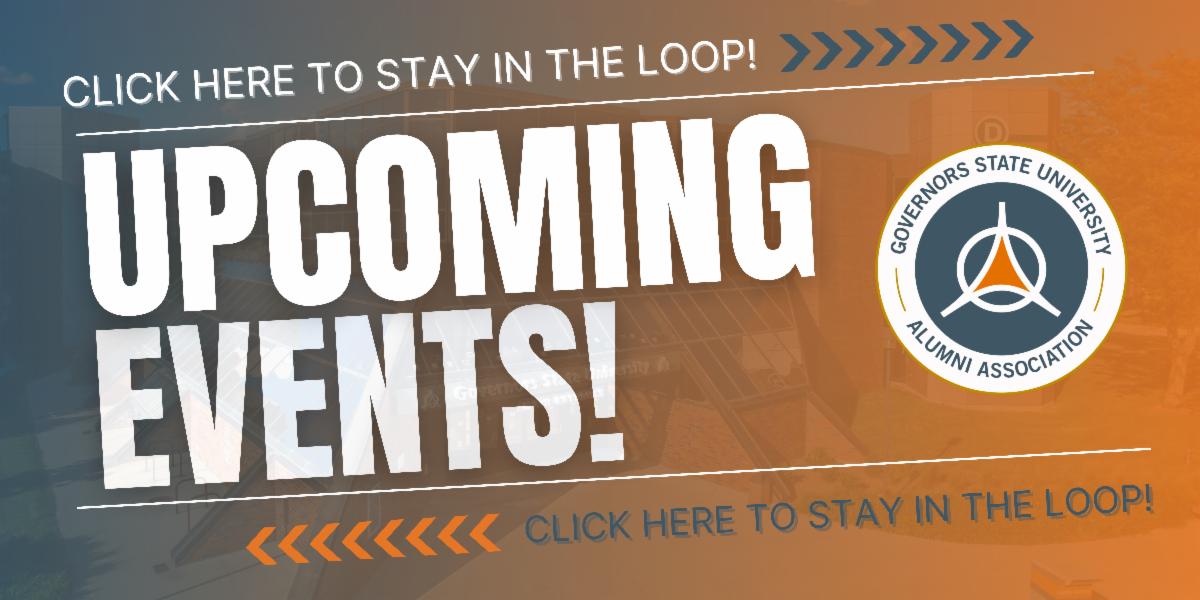 an upcoming events graphic with gray blue white and orange coloring with the alumni association logo