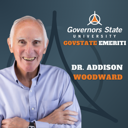a graphic for dr addison woodward emeritus with gray blue orange and white coloring