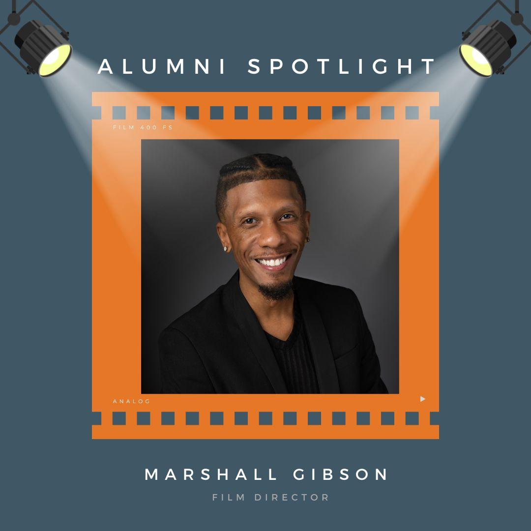 a graphic for alumni spotlight of filmmaker marshall gibson with orange blue gray coloring