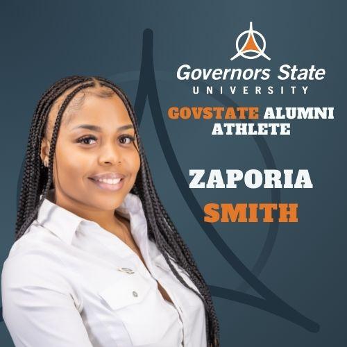 an alumni interview graphic of zaporia smith with gray blue white and orange coloring