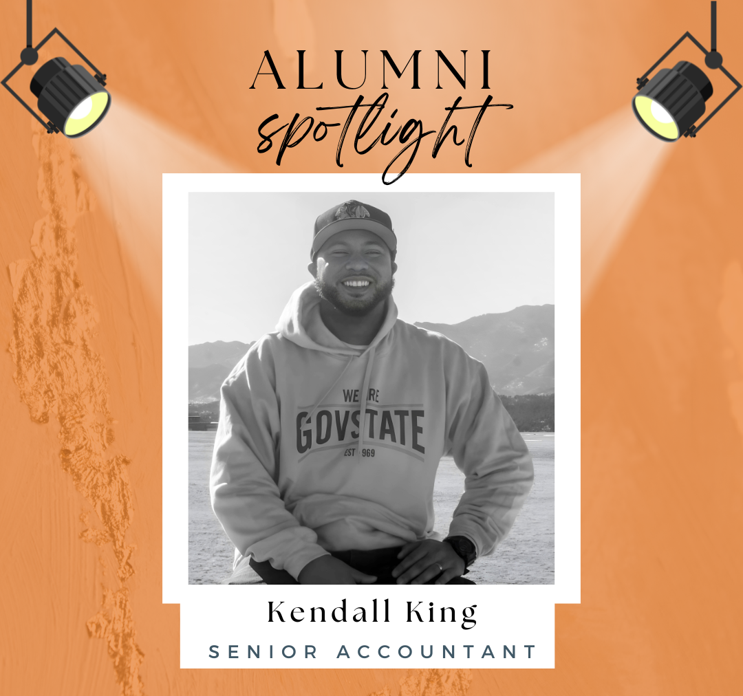 a graphic for alumnus kendall king with orange and white coloring