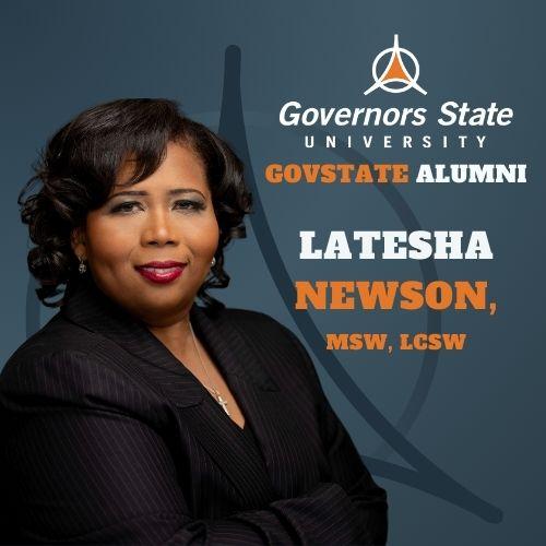 an alumni interview graphic of Latesha Newson with gray blue white and orange coloring